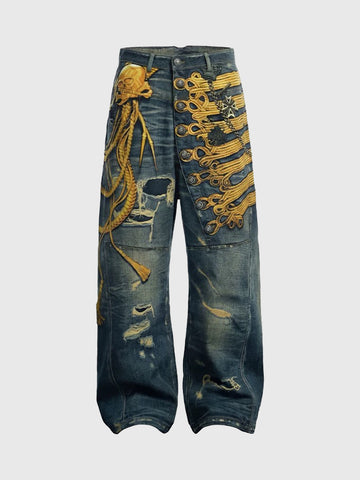 Brick Lane Wide-leg Graphic Print Distressed Jeans - Dark Blue