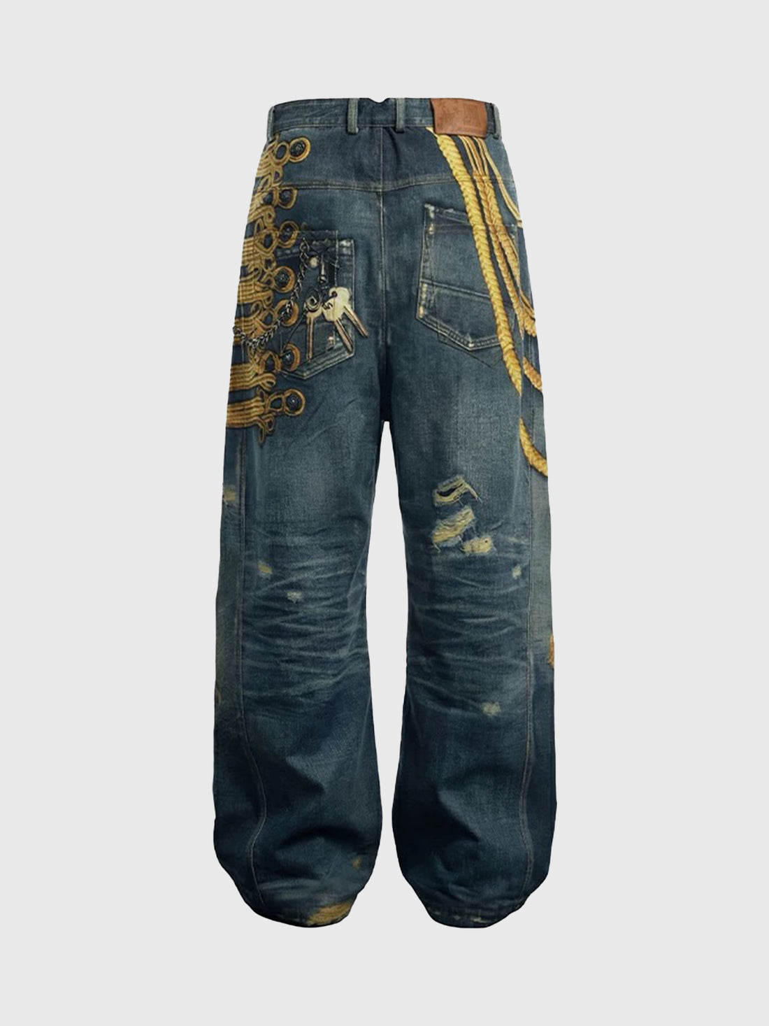 Brick Lane Wide-leg Graphic Print Distressed Jeans - Dark Blue