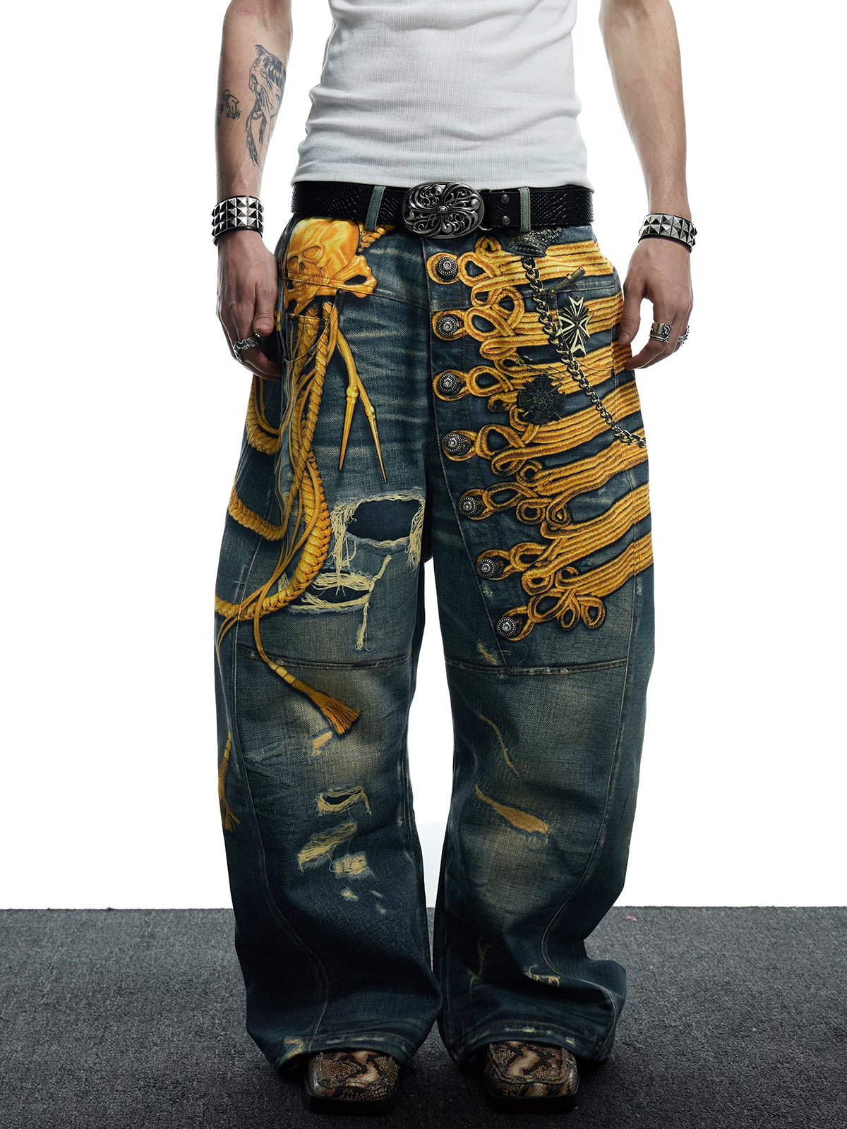 Brick Lane Wide-leg Graphic Print Distressed Jeans - Dark Blue