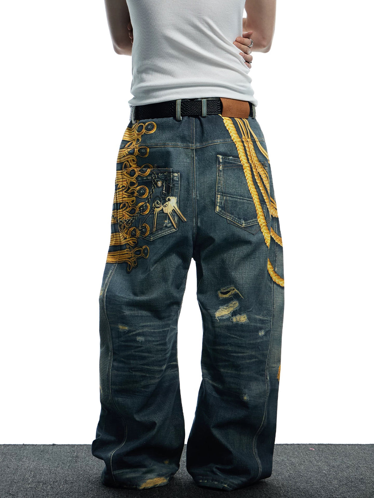 Brick Lane Wide-leg Graphic Print Distressed Jeans - Dark Blue