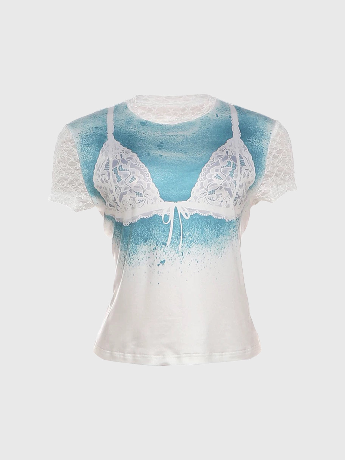 Brick Lane Skimming Lace Patchwork Graphic Tee - Blue