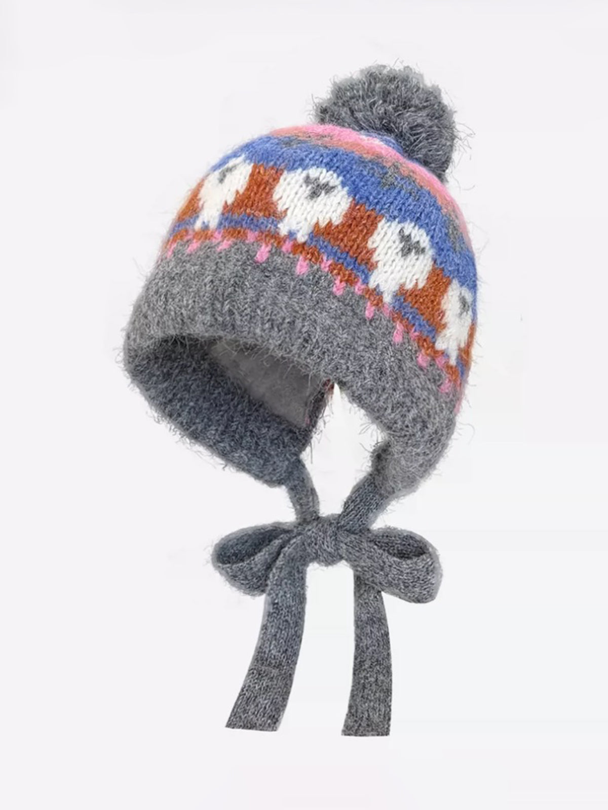 American Club Casual Jacquard Pompom Earflap Beanie - Grey
