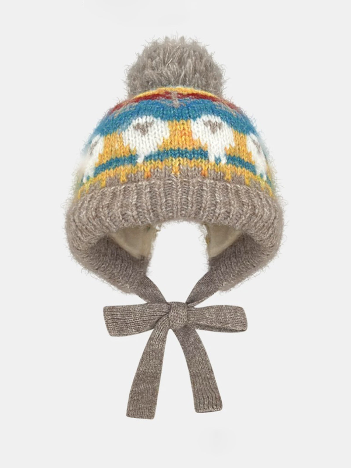 American Club Casual Jacquard Pompom Earflap Beanie - Yellow