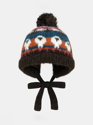American Club Casual Jacquard Pompom Earflap Beanie - Brown