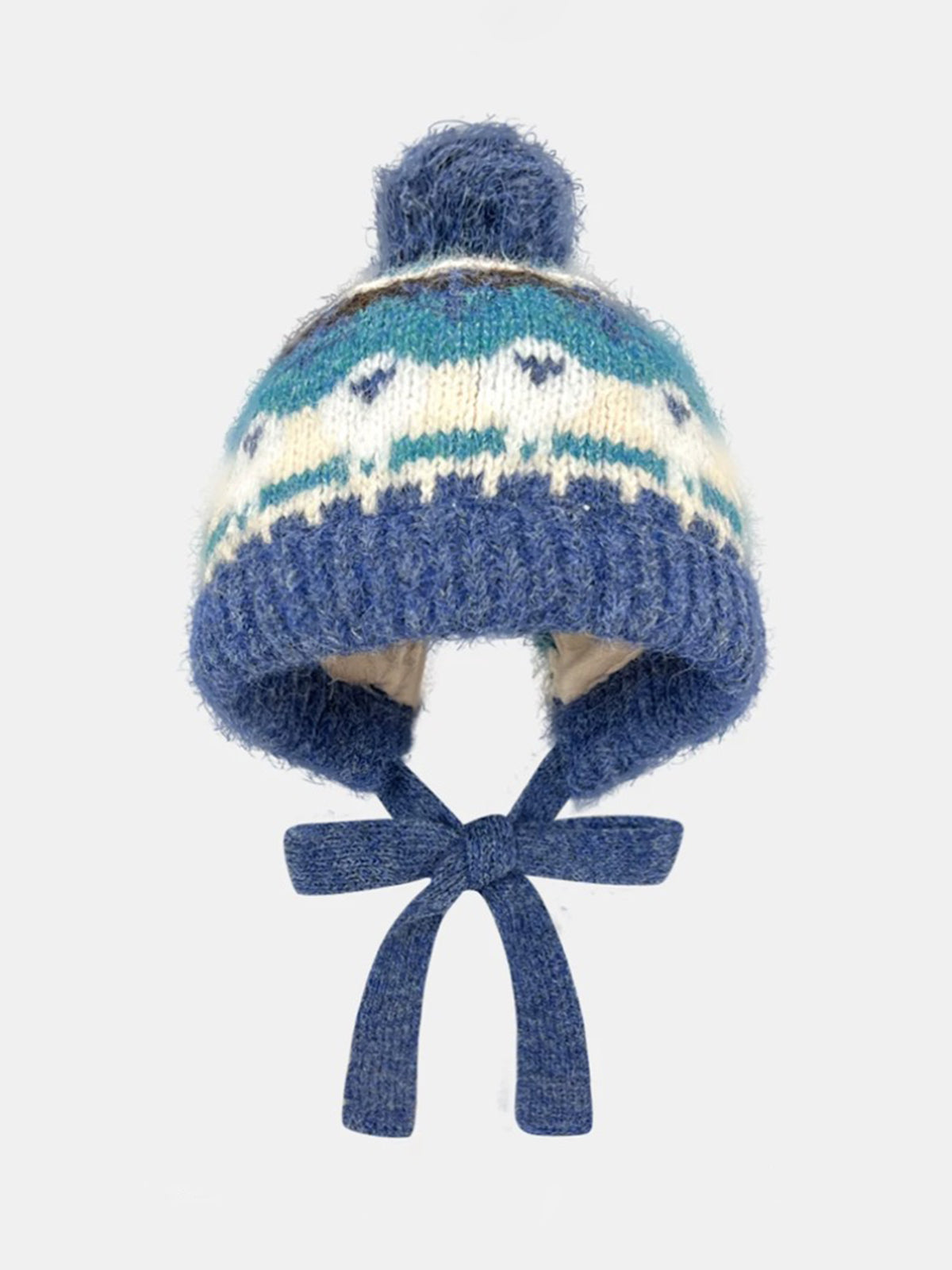 American Club Casual Jacquard Pompom Earflap Beanie - Blue