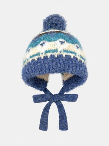 American Club Casual Jacquard Pompom Earflap Beanie - Blue
