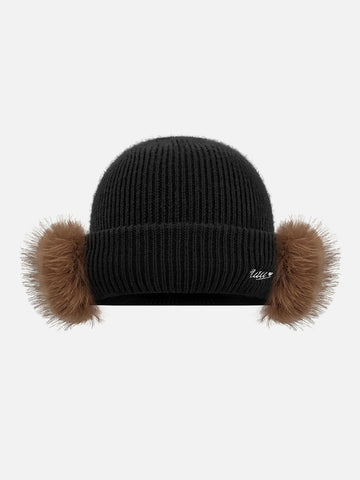 Co-ed Dorm Casual Dual Pompom Fold-over Beanie - Black