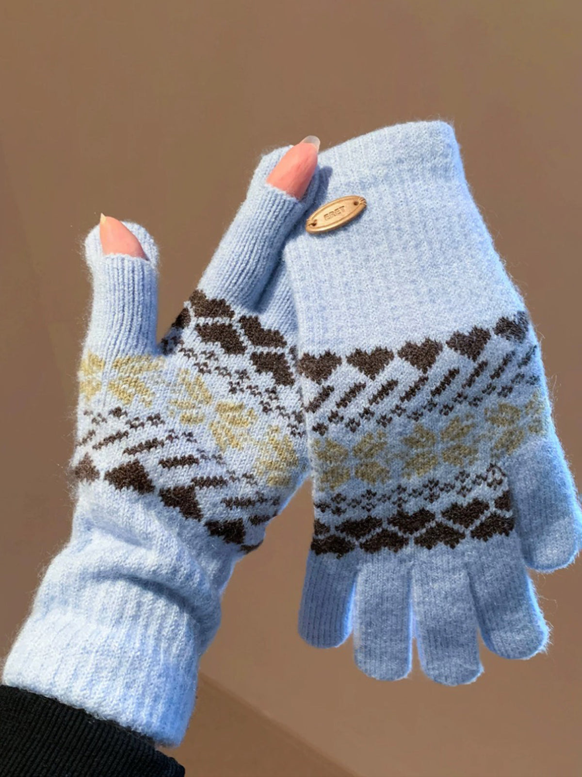 American Club Casual Jacquard Fingerless Gloves - Blue