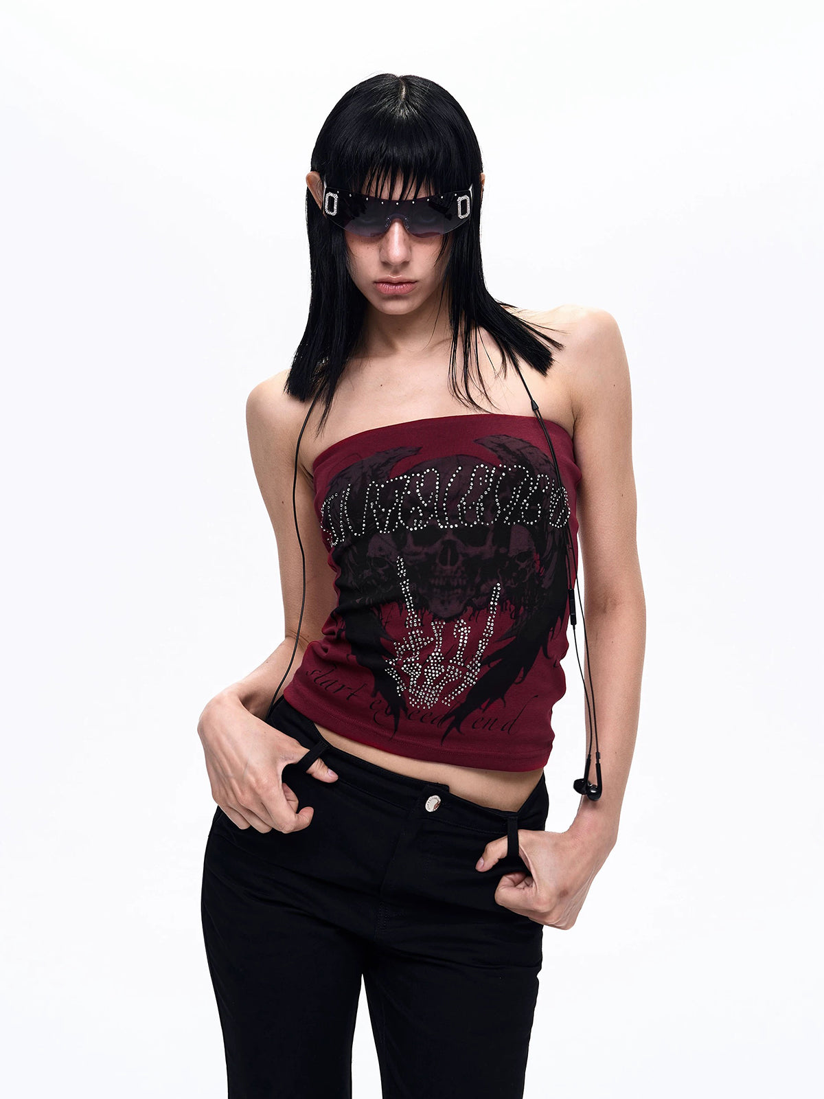 Brick Lane Skimming Rhinestone Graphic Print Tube Top - Burgundy