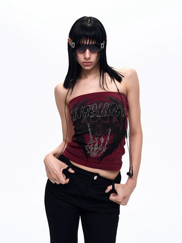 Brick Lane Skimming Rhinestone Graphic Print Tube Top - Burgundy