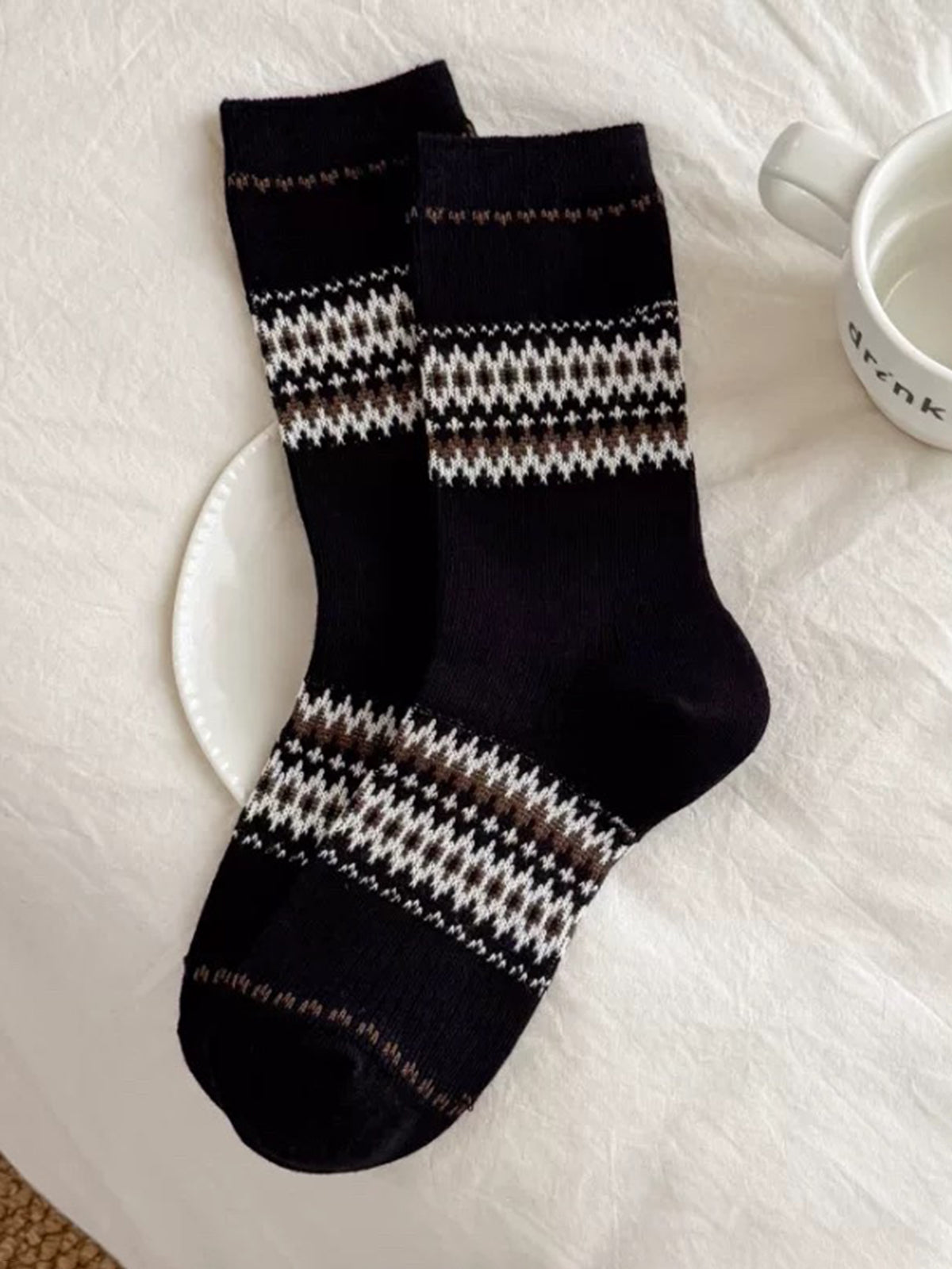 American Club Casual Fair Isle Knit Crew Socks - Black