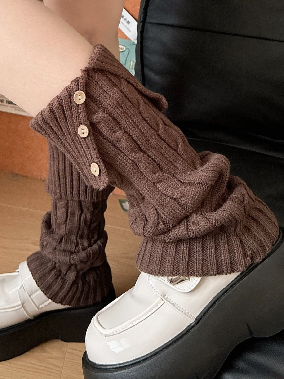 Co-ed Dorm Casual Cable-Knit Buttoned Leg Warmers - Brown