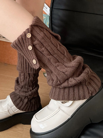 Co-ed Dorm Casual Cable-Knit Buttoned Leg Warmers - Brown
