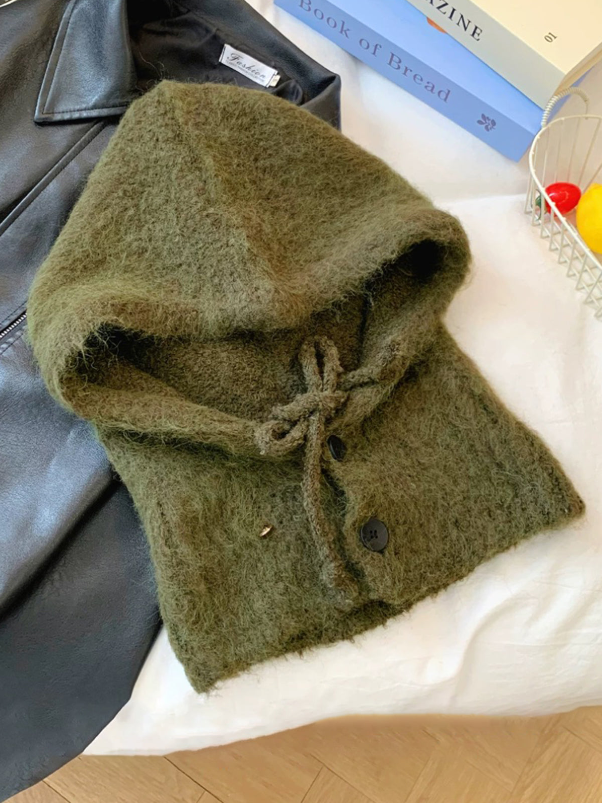 Co-ed Dorm Casual Drawstring Plush Hooded Balaclava - Green
