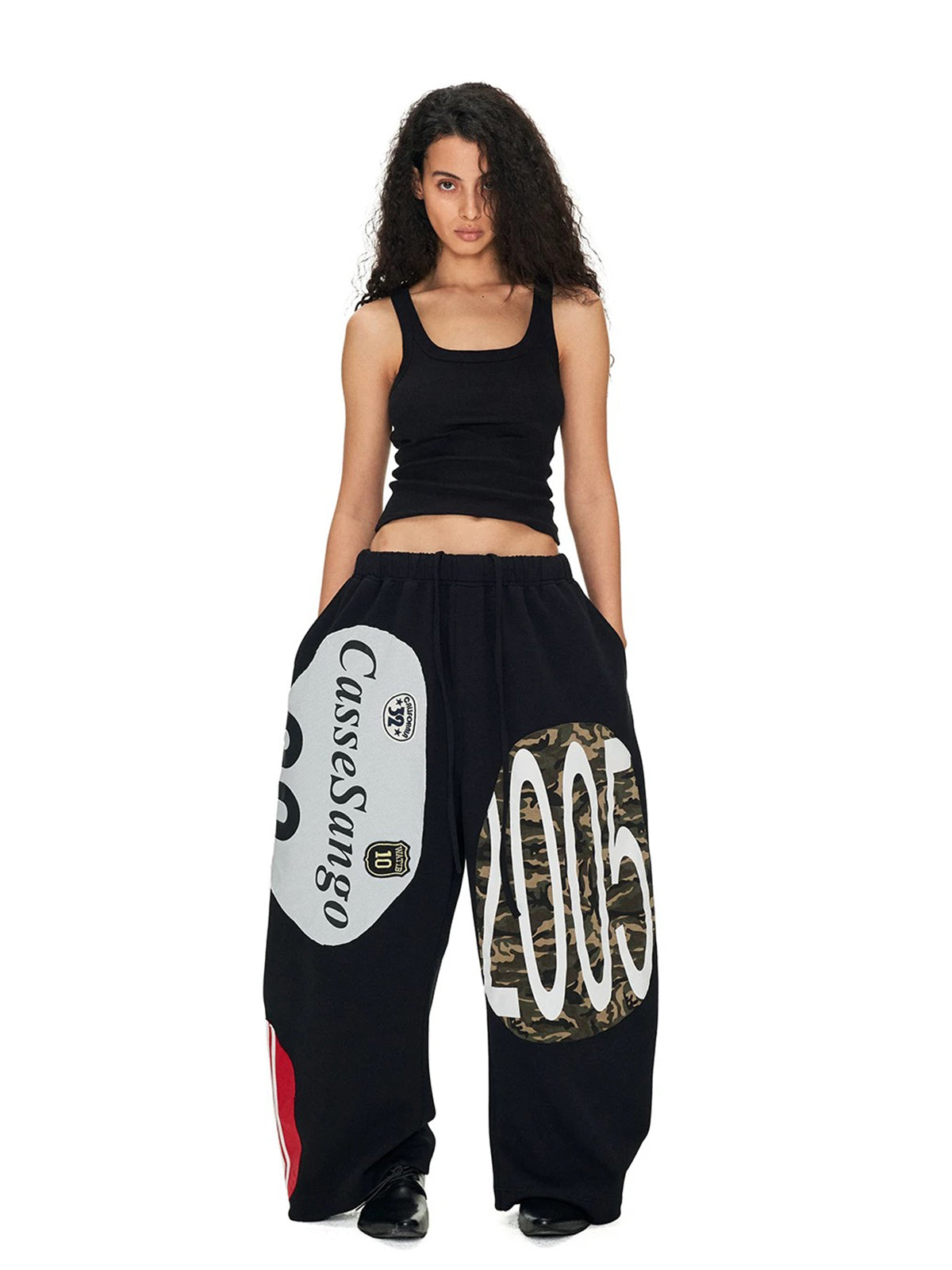 Brick Lane Wide-leg Graphic Print Streetwear Pants -- Black