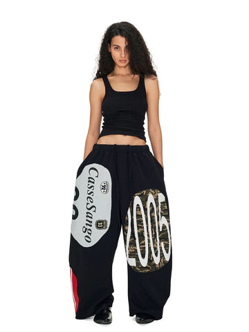 Brick Lane Wide-leg Graphic Print Streetwear Pants -- Black