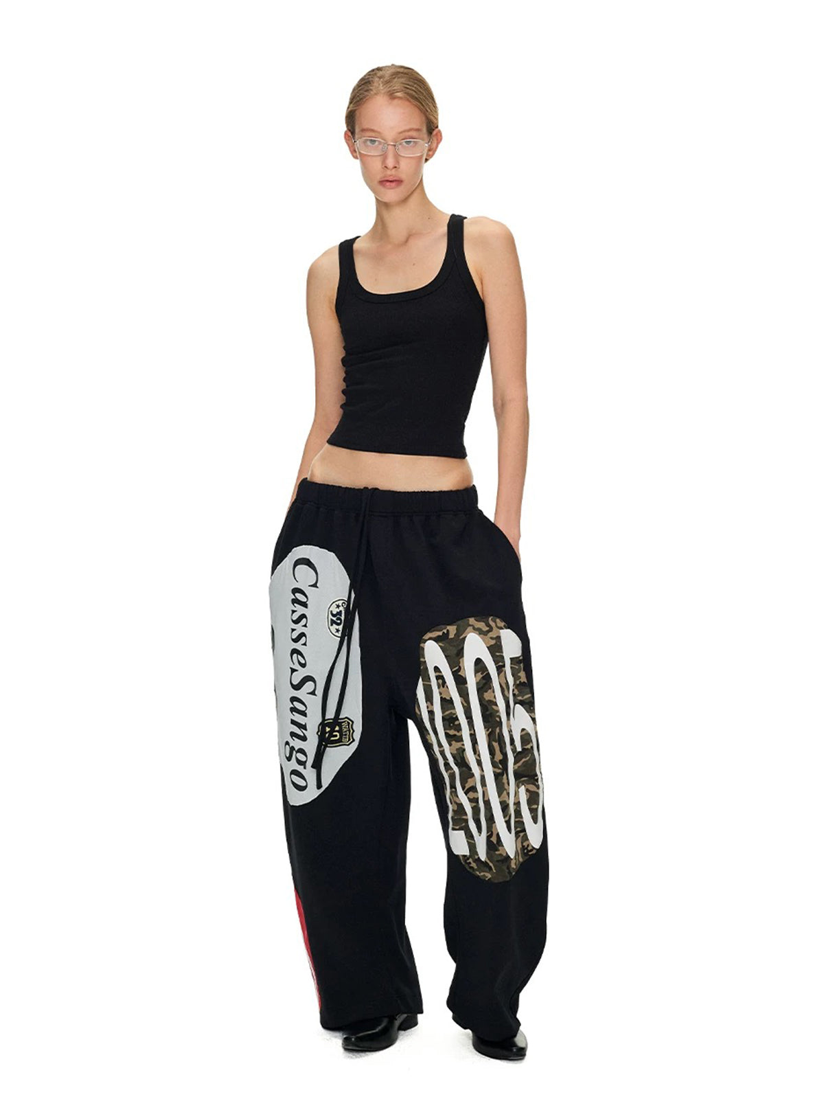 Brick Lane Wide-leg Graphic Print Streetwear Pants -- Black