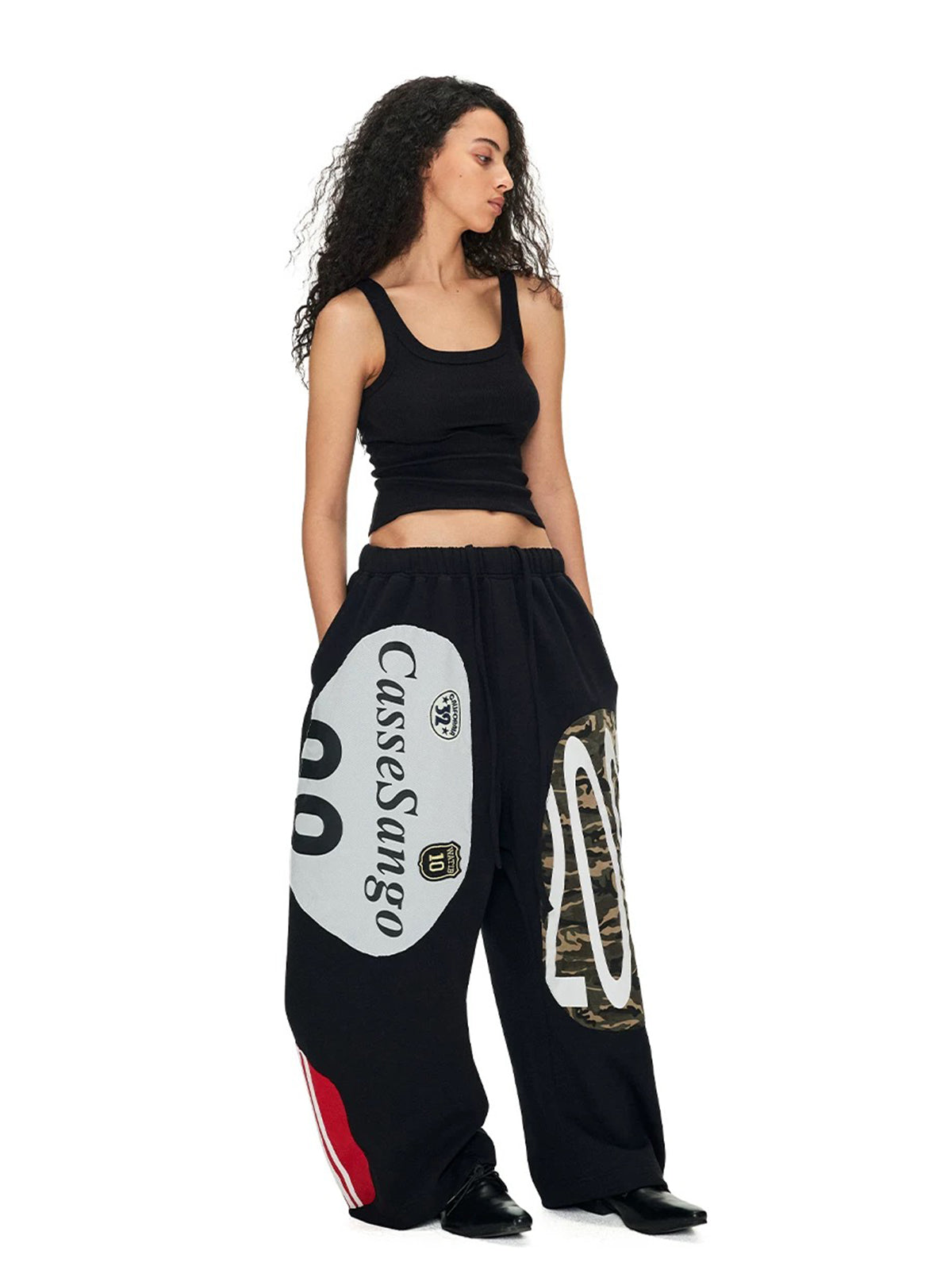 Brick Lane Wide-leg Graphic Print Streetwear Pants -- Black
