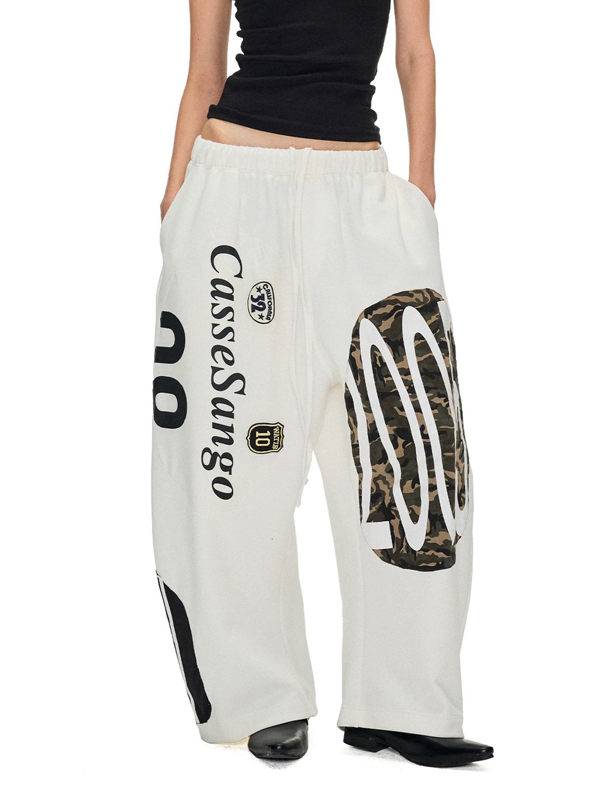 Brick Lane Wide-leg Graphic Print Streetwear Pants -- White