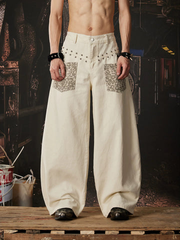 Brick Lane Curved-cut Leopard Pocket Parachute Pants -- White