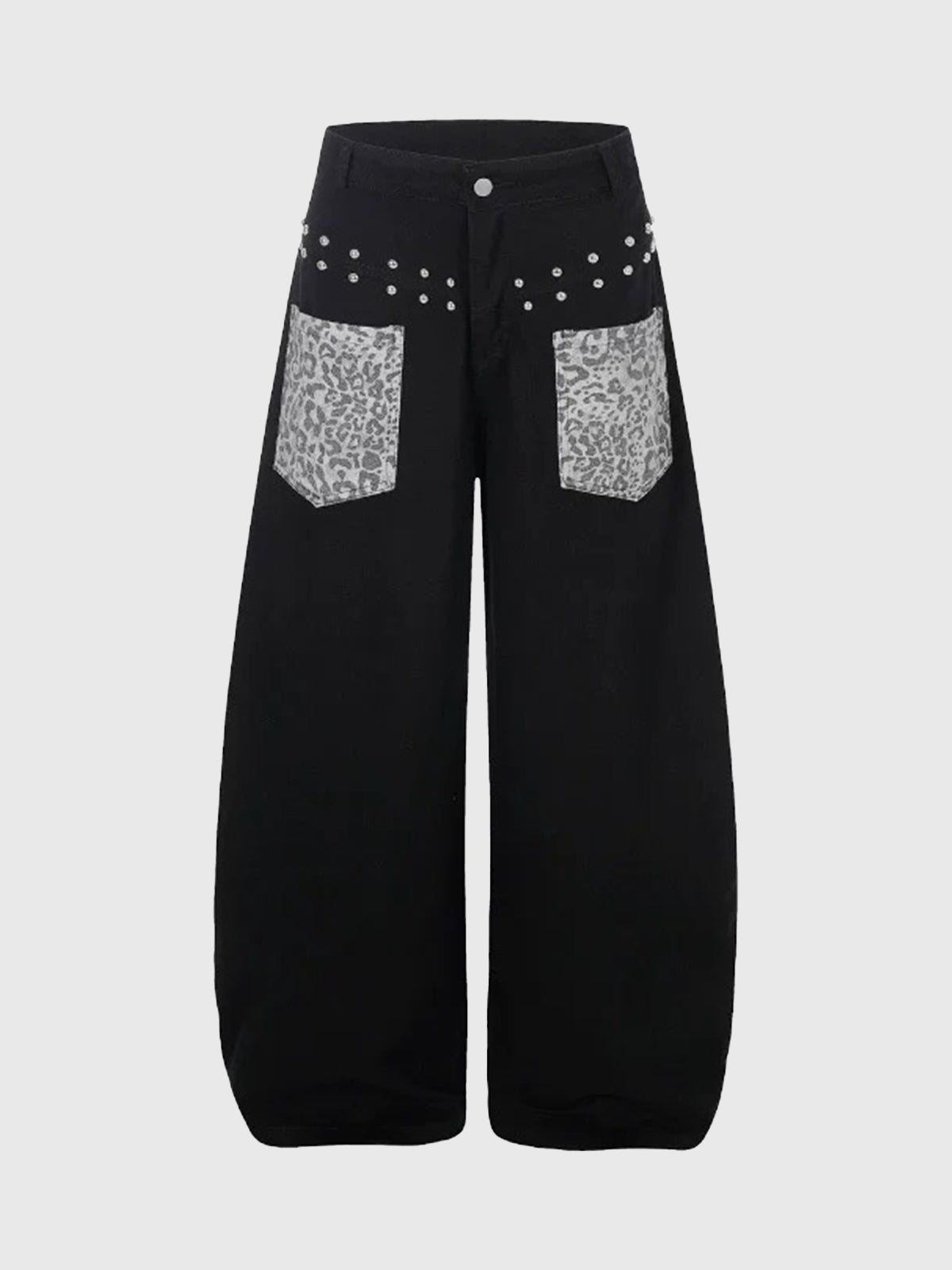 Brick Lane Curved-cut Leopard Pocket Parachute Pants -- Black