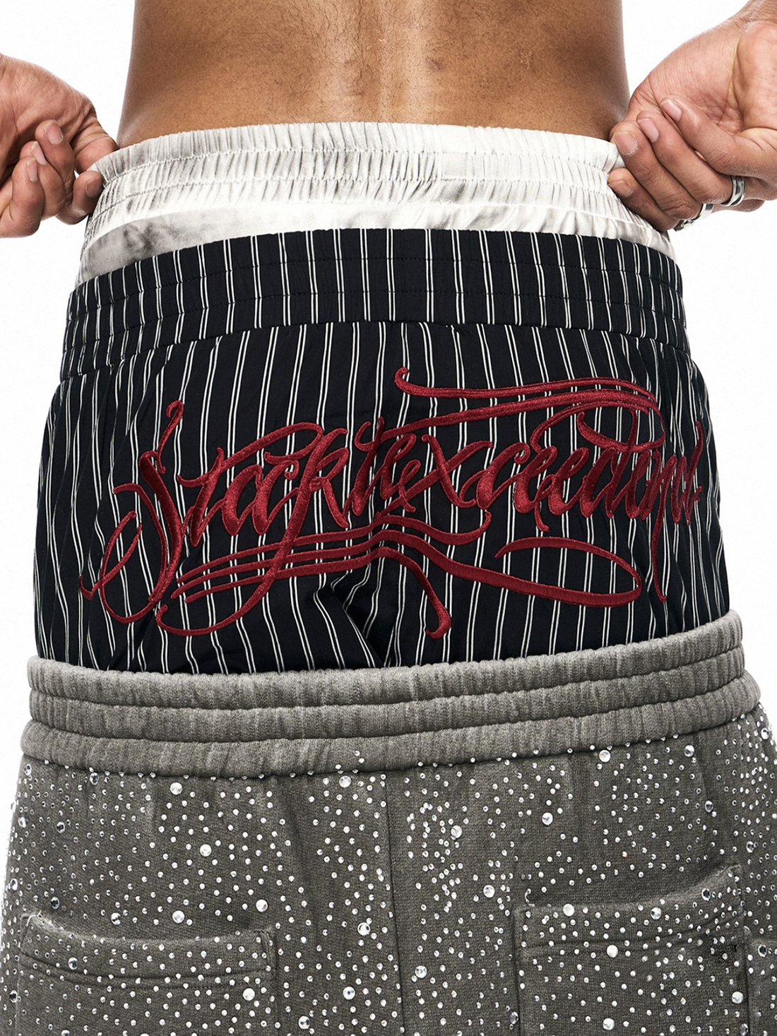 Brick Lane Layered-look Stripe Cargo Shorts -- Black