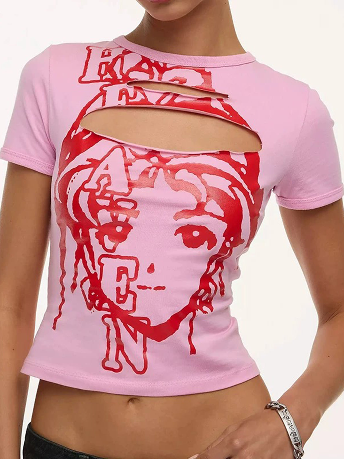 Brick Lane Skimming-fit Cut-out Graphic Tee -- Pink
