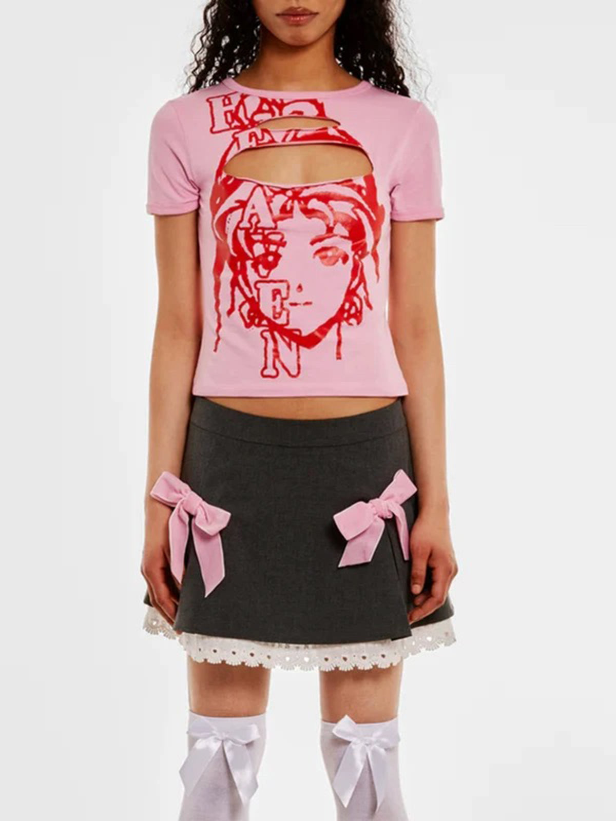 Brick Lane Skimming-fit Cut-out Graphic Tee -- Pink