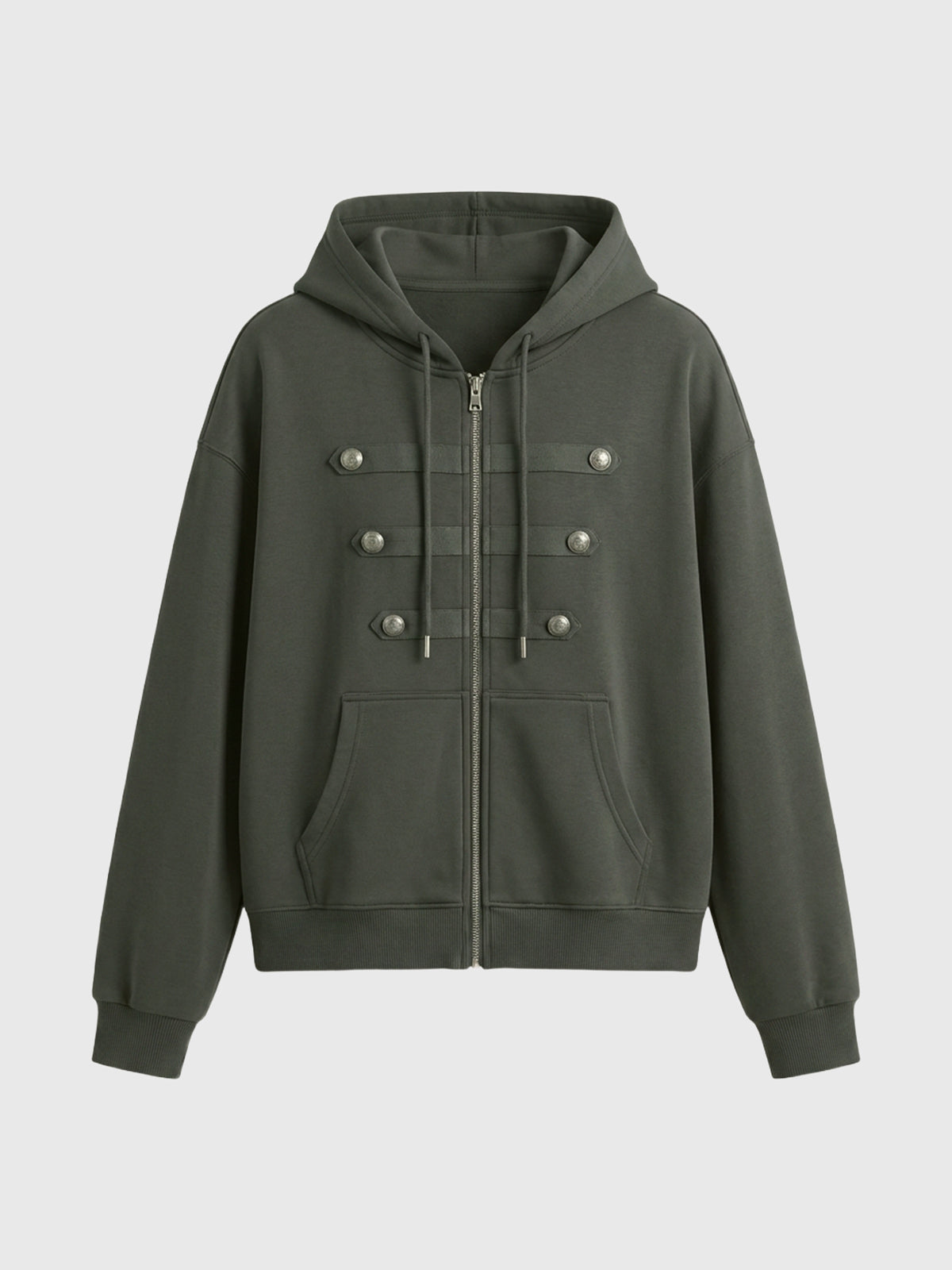 Brick Lane Baggy Metal Buckle Zip-up Hoodie - Grey