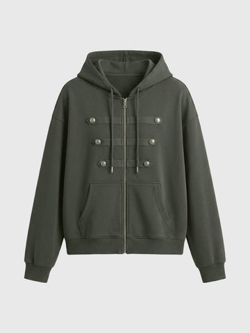 Brick Lane Baggy Metal Buckle Zip-up Hoodie - Grey