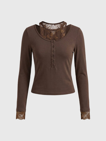 Dolled Office Skimming Lace Trim Long Sleeve Top - Brown