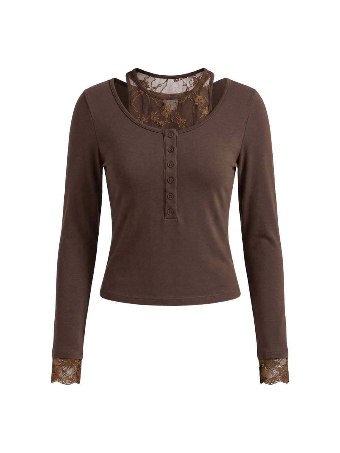 Dolled Office Skimming Lace Trim Long Sleeve Top - Brown
