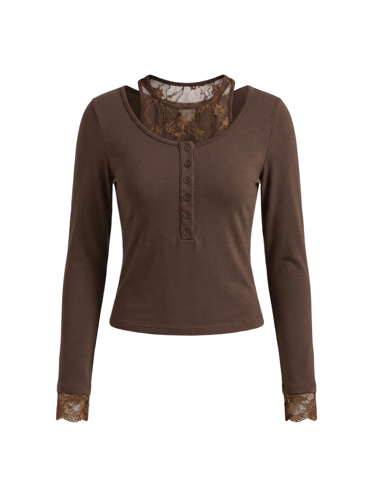 Dolled Office Skimming Lace Trim Long Sleeve Top - Brown