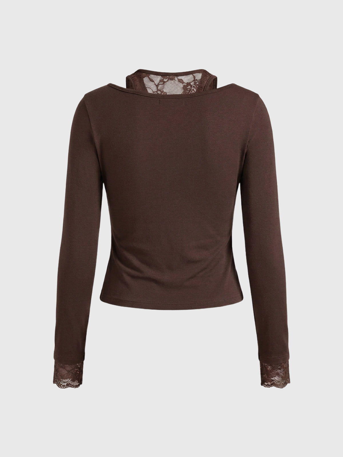 Dolled Office Skimming Lace Trim Long Sleeve Top - Brown
