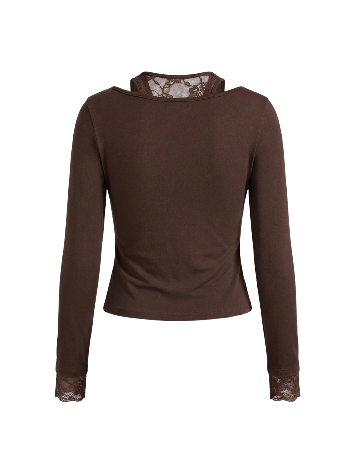 Dolled Office Skimming Lace Trim Long Sleeve Top - Brown