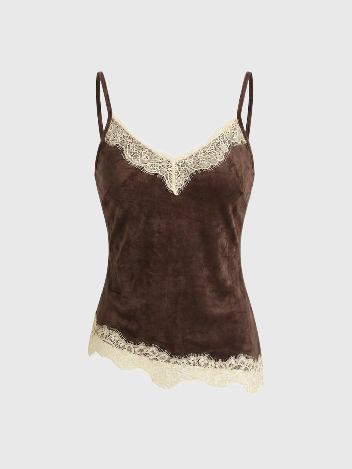Dolled Office Lace Trim Asymmetric Cami Top - Brown