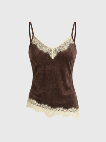 Dolled Office Lace Trim Asymmetric Cami Top - Brown