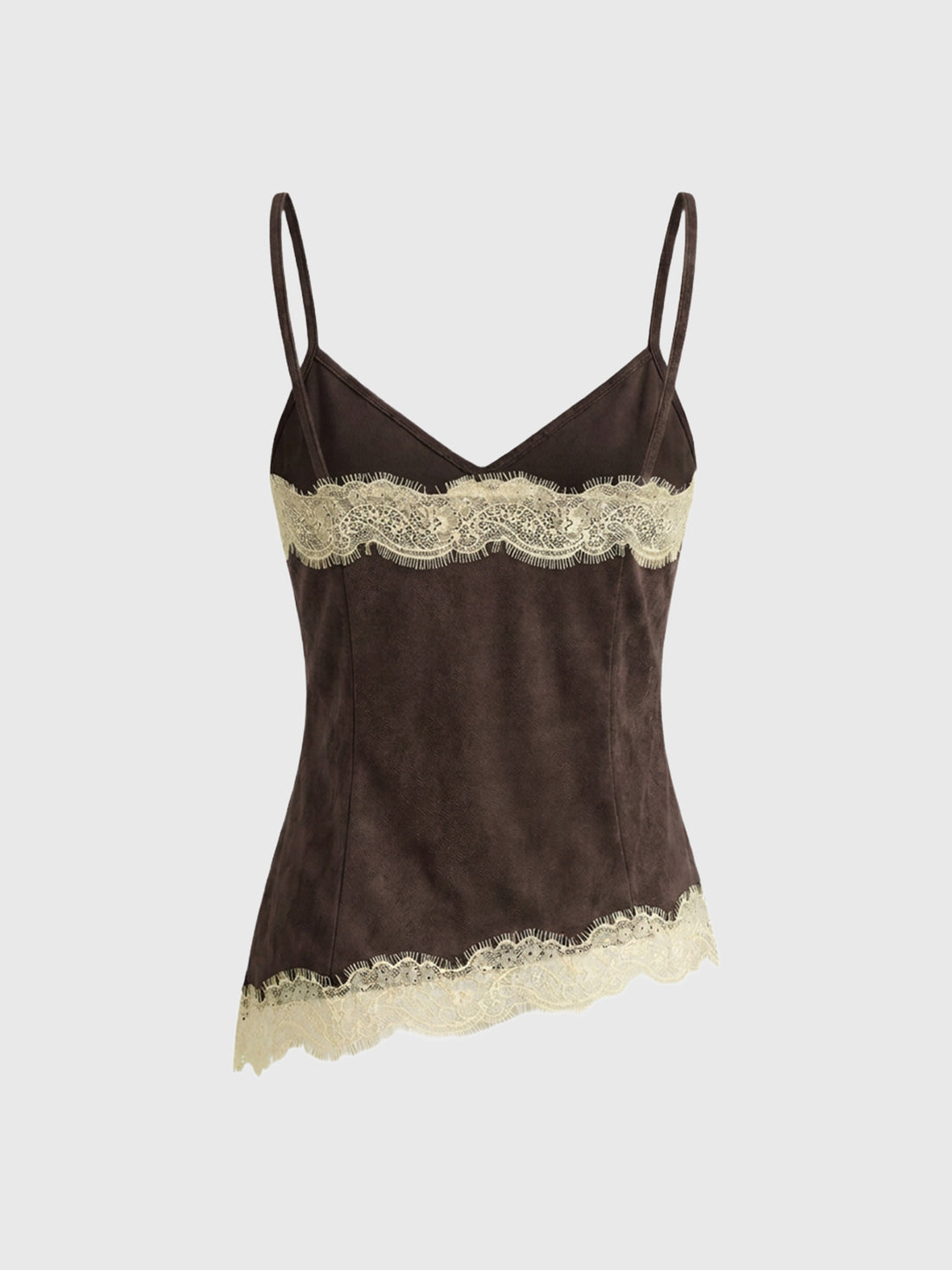 Dolled Office Lace Trim Asymmetric Cami Top - Brown