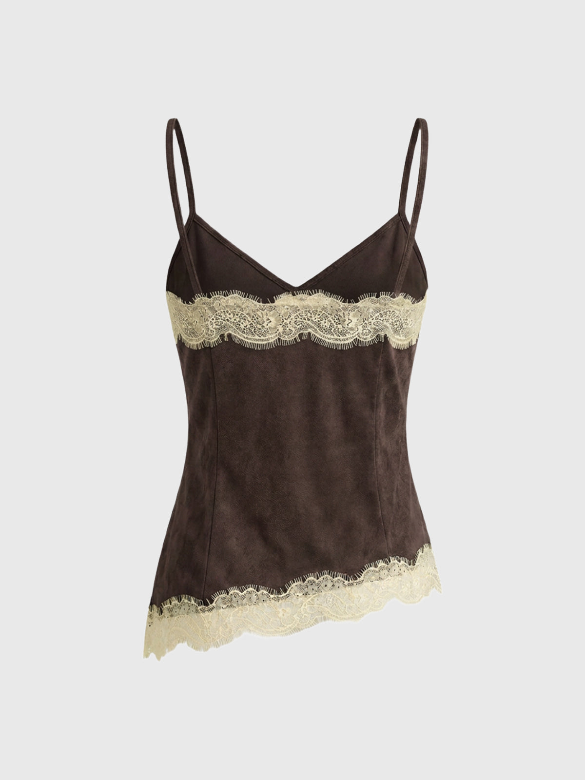 Dolled Office Lace Trim Asymmetric Cami Top - Brown