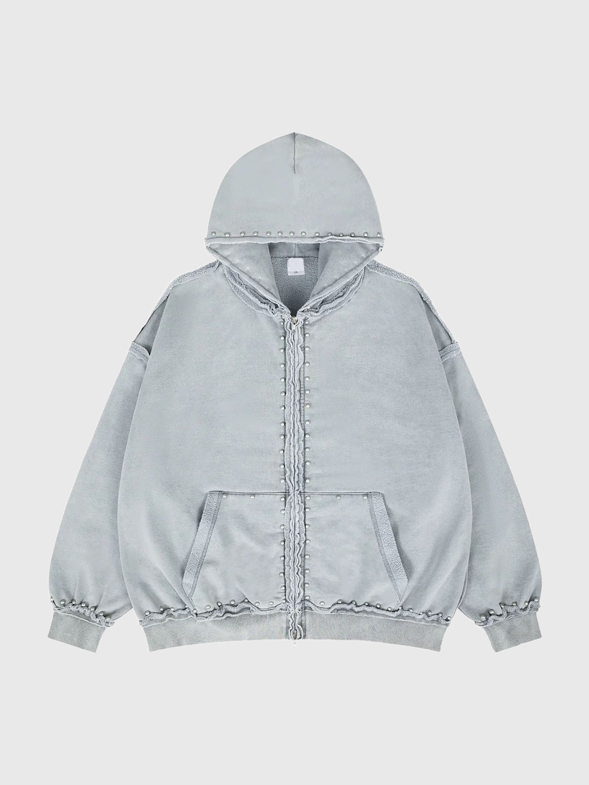 Co-ed Dorm Baggy Washed Distressed Zip-up Hoodie - White