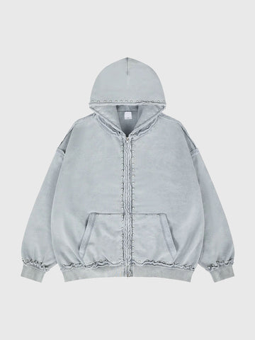 Co-ed Dorm Baggy Washed Distressed Zip-up Hoodie - White