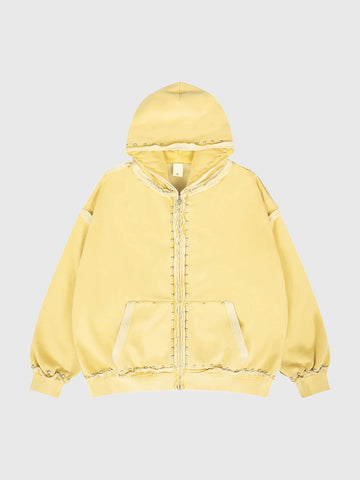 Co-ed Dorm Baggy Washed Distressed Zip-up Hoodie - Yellow