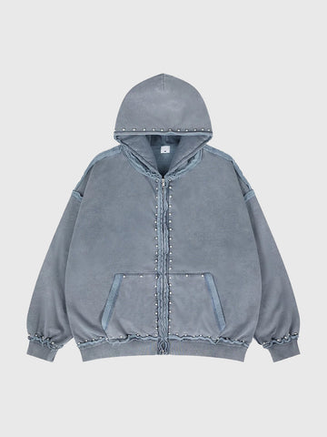 Co-ed Dorm Baggy Washed Distressed Zip-up Hoodie - Grey