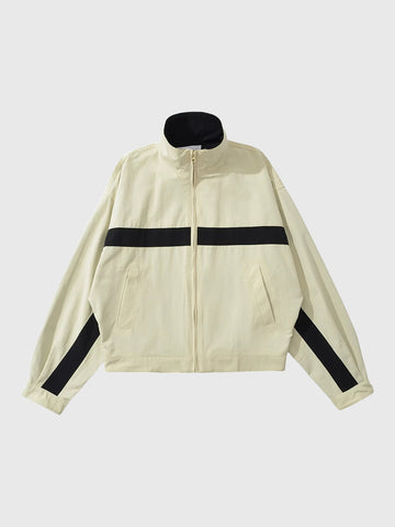 Co-ed Dorm Baggy Contrast Color Zip-up Jacket - Beige
