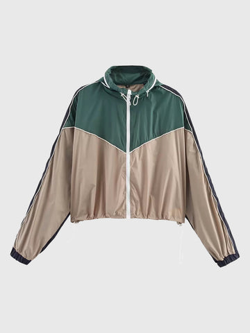 Co-ed Dorm Baggy Contrast Color Zip-up Jacket - Green