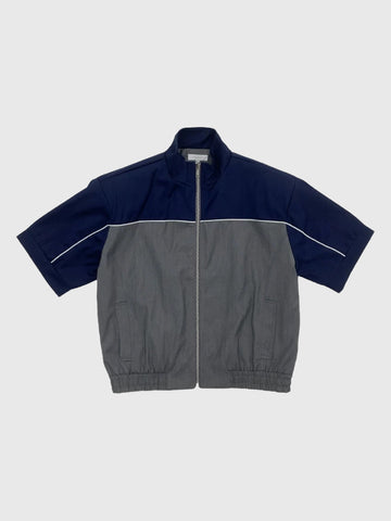 Co-ed Dorm Baggy Contrast Color Short Sleeve Zip-up Jacket - Blue