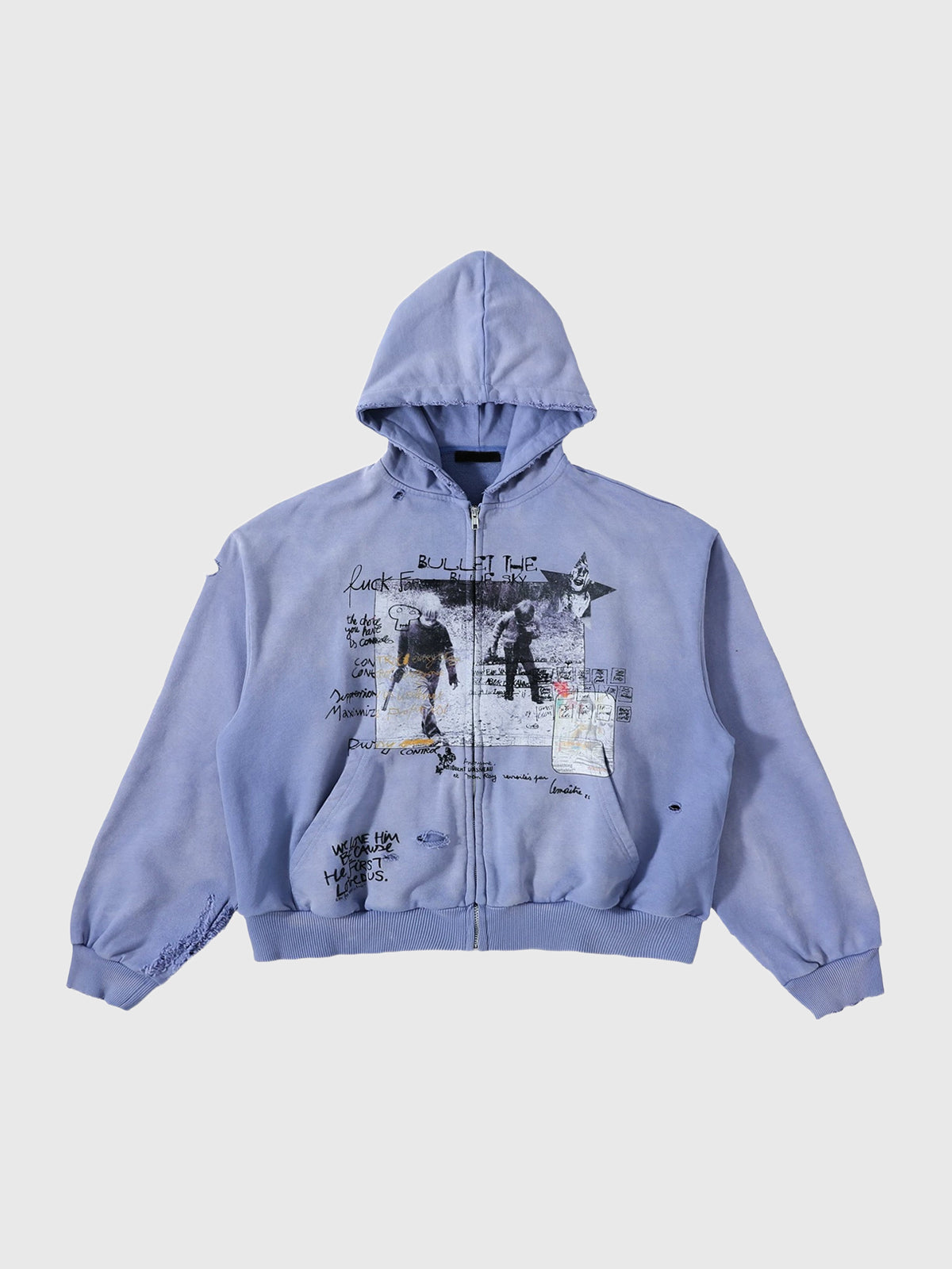 Co-ed Dorm Baggy Graphic Printed Zip-up Hoodie - Blue