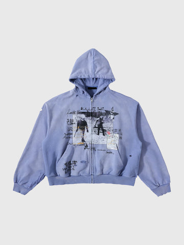 Co-ed Dorm Baggy Graphic Printed Zip-up Hoodie - Blue