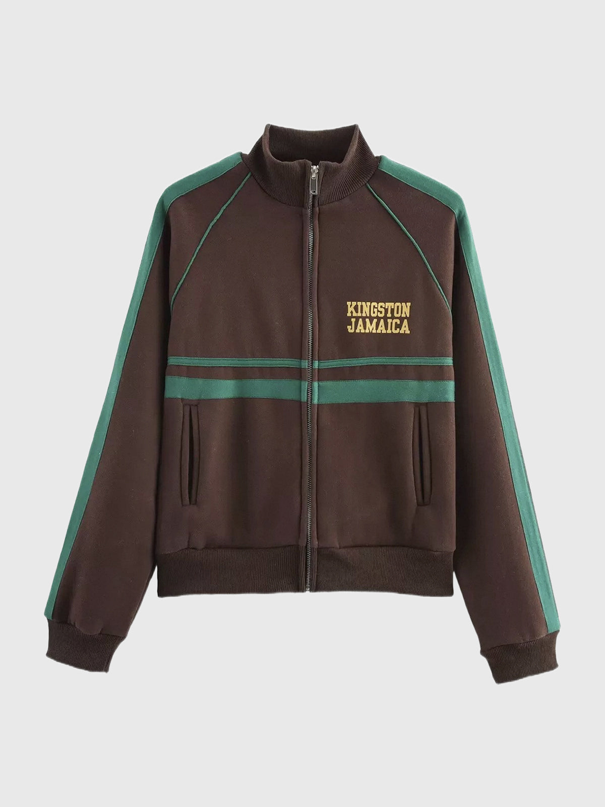 Co-ed Dorm Baggy Contrast Color Graphic Zip-up Jacket - Brown