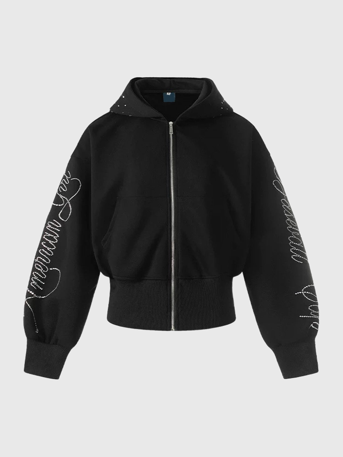Brick Lane Waist-Defining Rhinestone Zip-up Hoodie - Black